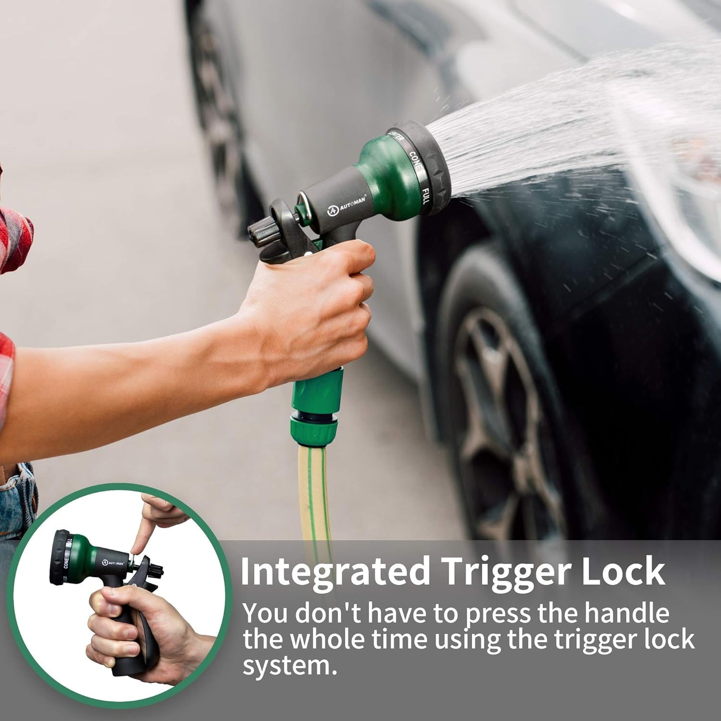 AUTOMAN-Garden-Hose-Nozzle, ABS Water Spray Nozzle with 7 Adjustable Watering Patterns, Slip Resistant for Watering Plants, Lawn& Garden, Washing Cars, Cleaning, Showering Pets & Outdoor Fun.