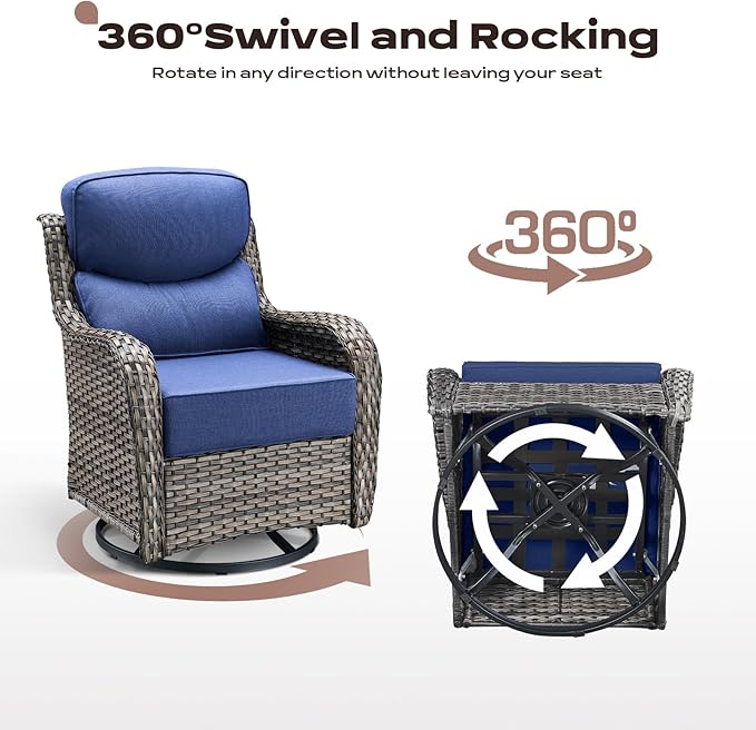 Rilyson Patio Outdoor Swivel Rocker Chairs Set of 2, Waterproof Wicker, High Back, Deep Seating, Wide Armrest, Upgraded 6 inch Thick Cushions, Ideal for Deck Porch Backyard, Mixed Grey/Blue