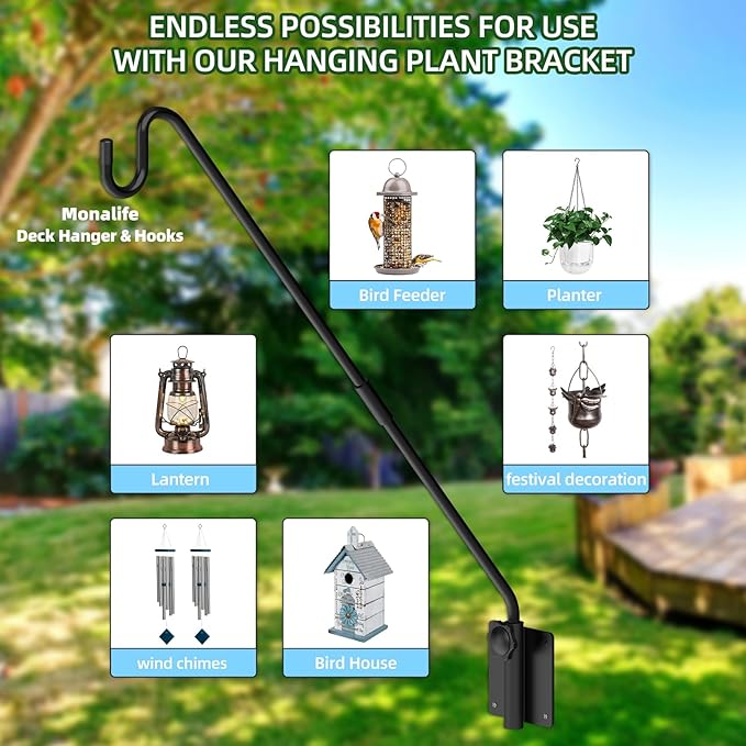 Deck Hook Wall Mounted,Extended Plant Hanger Outdoor,Bird Feeder Hanger-Metal Fence Shepherds Hooks Bracket for Hanging Hummingbird Feeder,Planter,Flower Baskets,Lantern-360°Rotating Pole