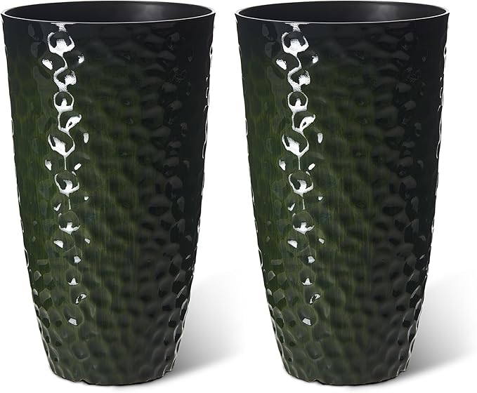 Glitzhome Set of 2 Tall Plastic Planters 23.75"H Eco-Friendly Honeycomb Textured Outdoor Indoor Garden Pots for Porch Patio, Large Modern Deck Plant Container with Easy Knock-out Drainage Holes, Green