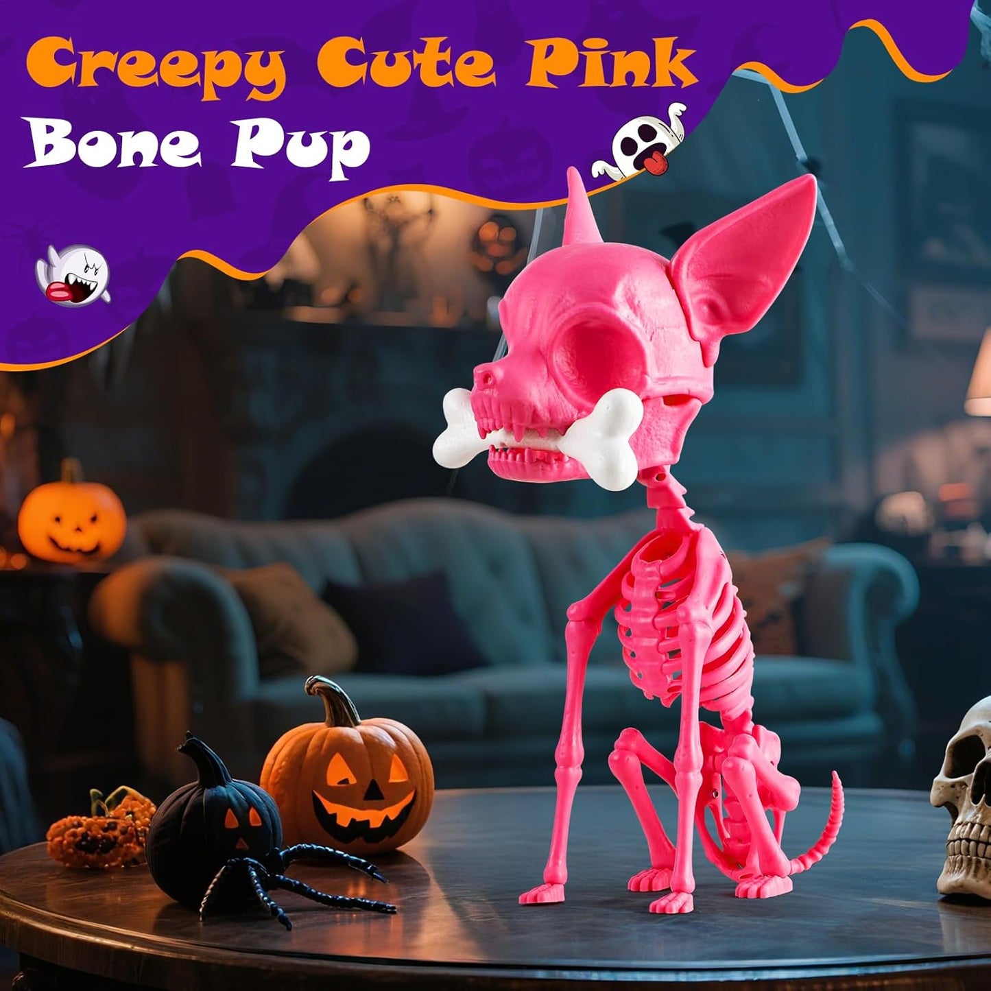 Quntis Halloween Skeleton Dog Decor - 15inch Pink Cute Puppy Bones - Realistic ABS Animal Skeleton for Outdoor Indoor Graveyard Party Display, 2025 Showstopper Halloween Decorations