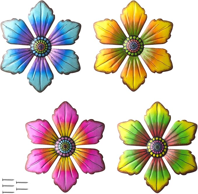 Gooyule Metal Flower Decor, 4-Pack Metal Floral Wall Decor 7 * 6.3 in Colorful Flower Wall Art Indoor Outdoor Hanging Wall Decor Set for Home Office Garden Yard