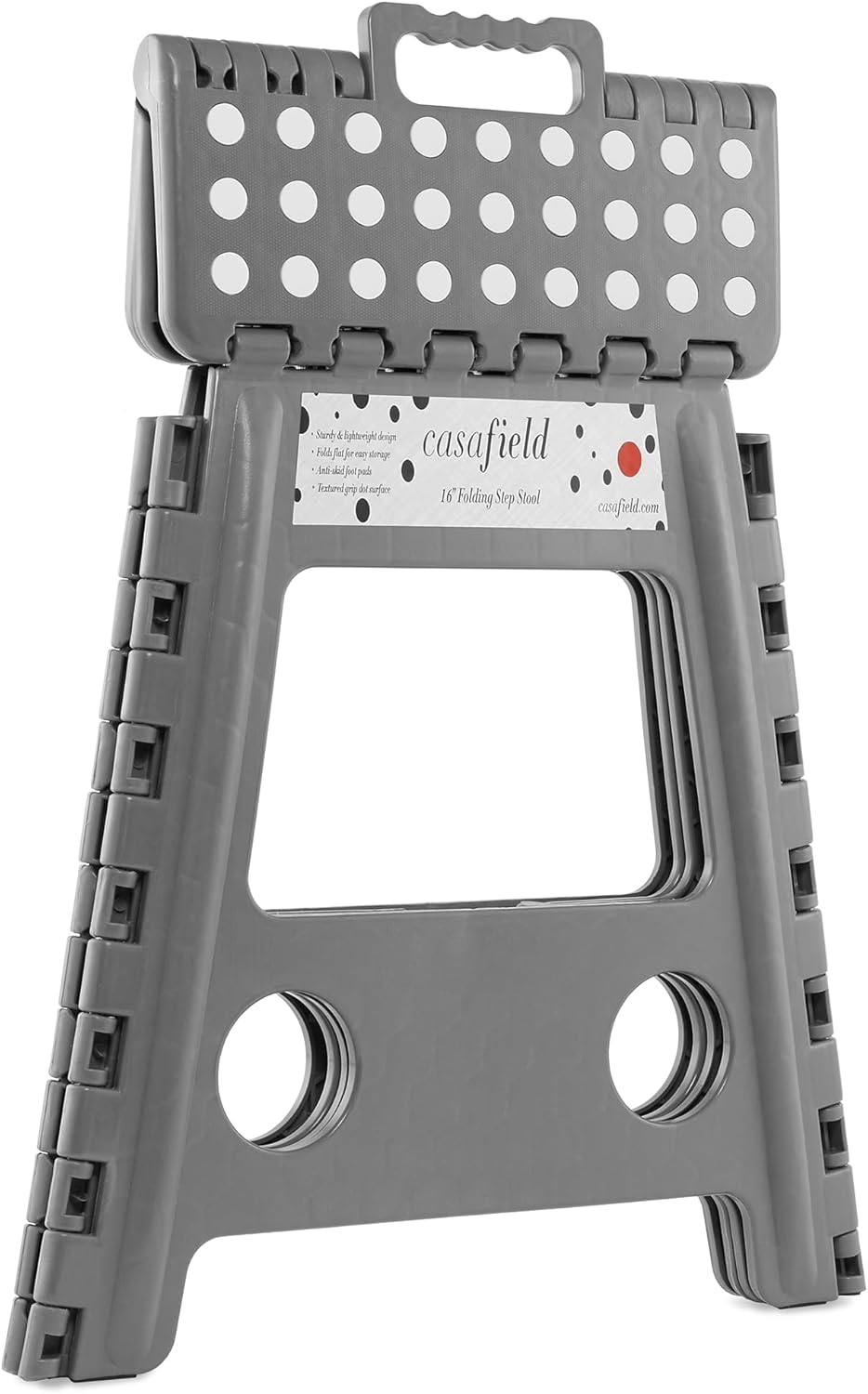 Casafield 16" Folding Step Stool with Handle, Gray - Portable Collapsible Small Plastic Foot Stool for Adults - Use in The Kitchen, Bathroom and Bedroom