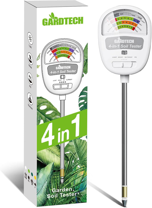 Gardtech Soil Moisture Meter - 4-in-1 Soil Test Kit Without Battery, Soil Moisture/Light/Nutrients/pH Meter for Plant, Garden, Lawn, Indoor & Outdoor (White)