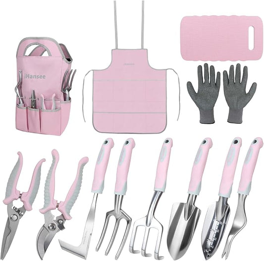 Pink Garden Tool Sets 12 Pieces, iHansee Aluminum Gardening Hand Tools with Non-Slip Handle, Kneeling Pad, Apron, Gloves and Organizer Bag, Landscaping Tools - Gift for Women & Garden Enthusiasts
