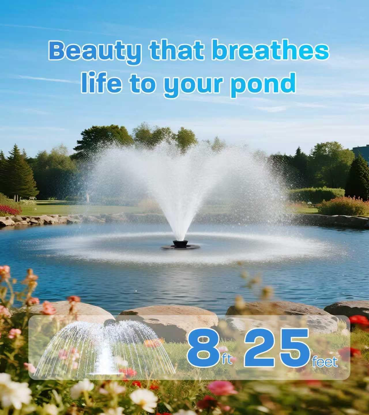 15000 GPH Pond Fountain Aerator, 110V Floating Pond Fountain Pump with Stainless Steel Body, Pond Aerator Pump for Small & Large Ponds and Lakes (Black)