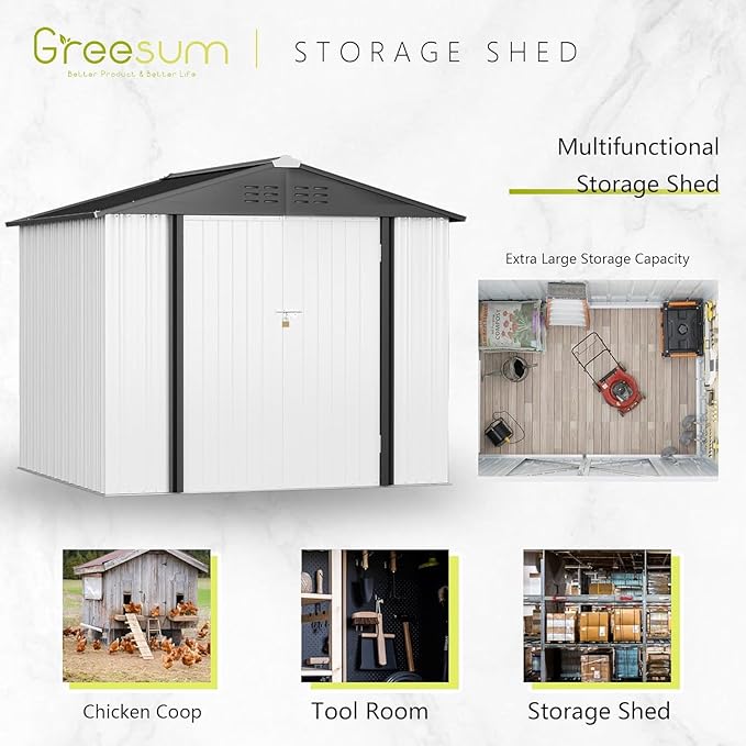 Greesum 8x6FT Outdoor Storage Shed, Utility Tool Shed Metal Storage Garden Shed with Door & Lock for Patio Storage, White