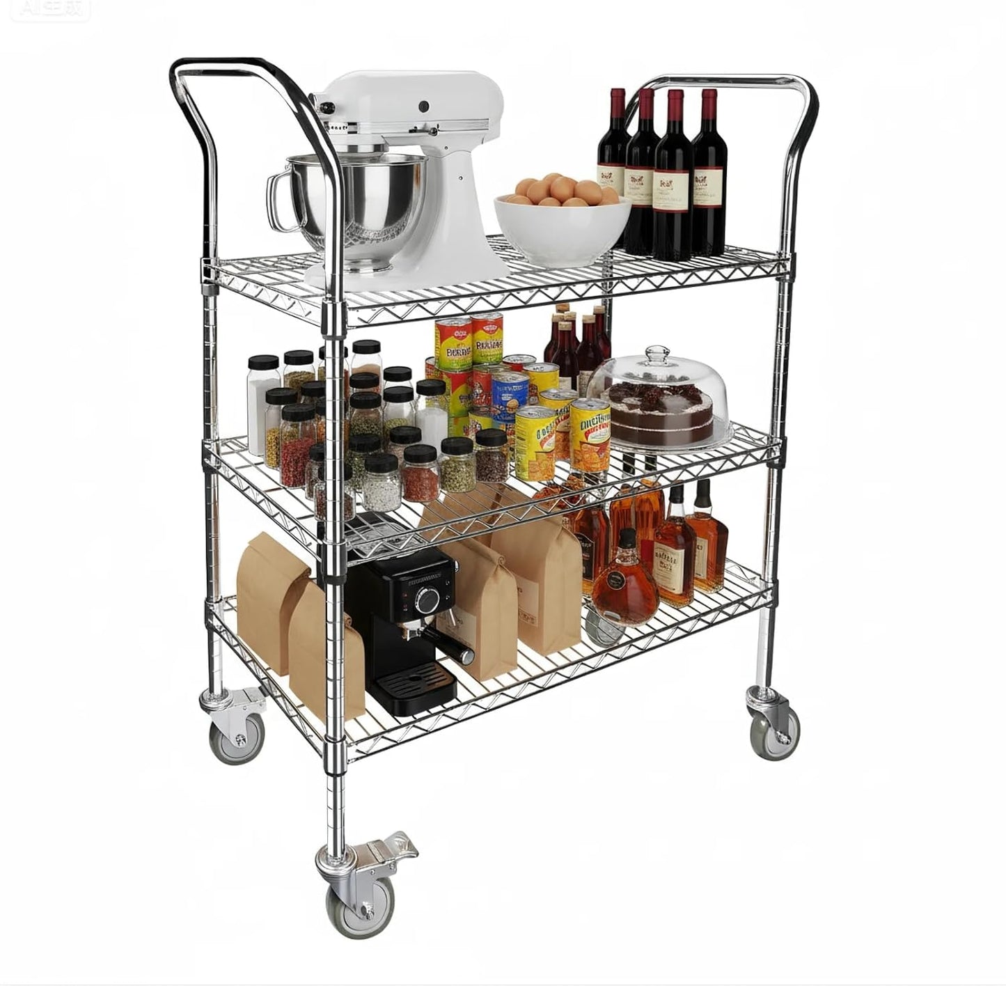 Northsky 3-Shelf Wire Utility Cart on Wheels, Chrome Finish Rolling Metal Shelving with Wheels, 550lb Capacity, 36" x 18" x 44.1", 3 Tier Rolling Cart for Kitchen Bar Storage Use