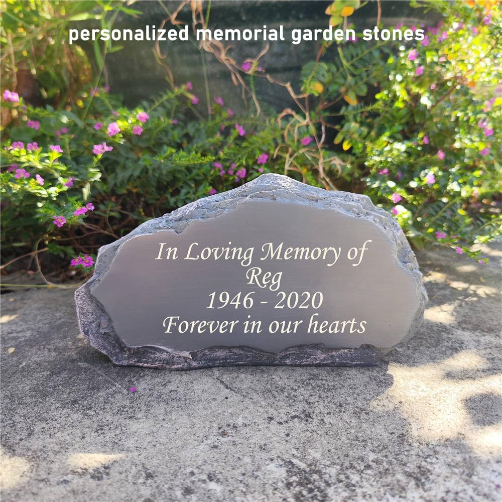 Personalized Garden Memorial Stones Engraved Rocks with Any Message, Decorative Grave Memorial Plaques Rocks for Loved Ones Outside Cemetery Decoration, Resin, 8" x 4.5" x 2.5"