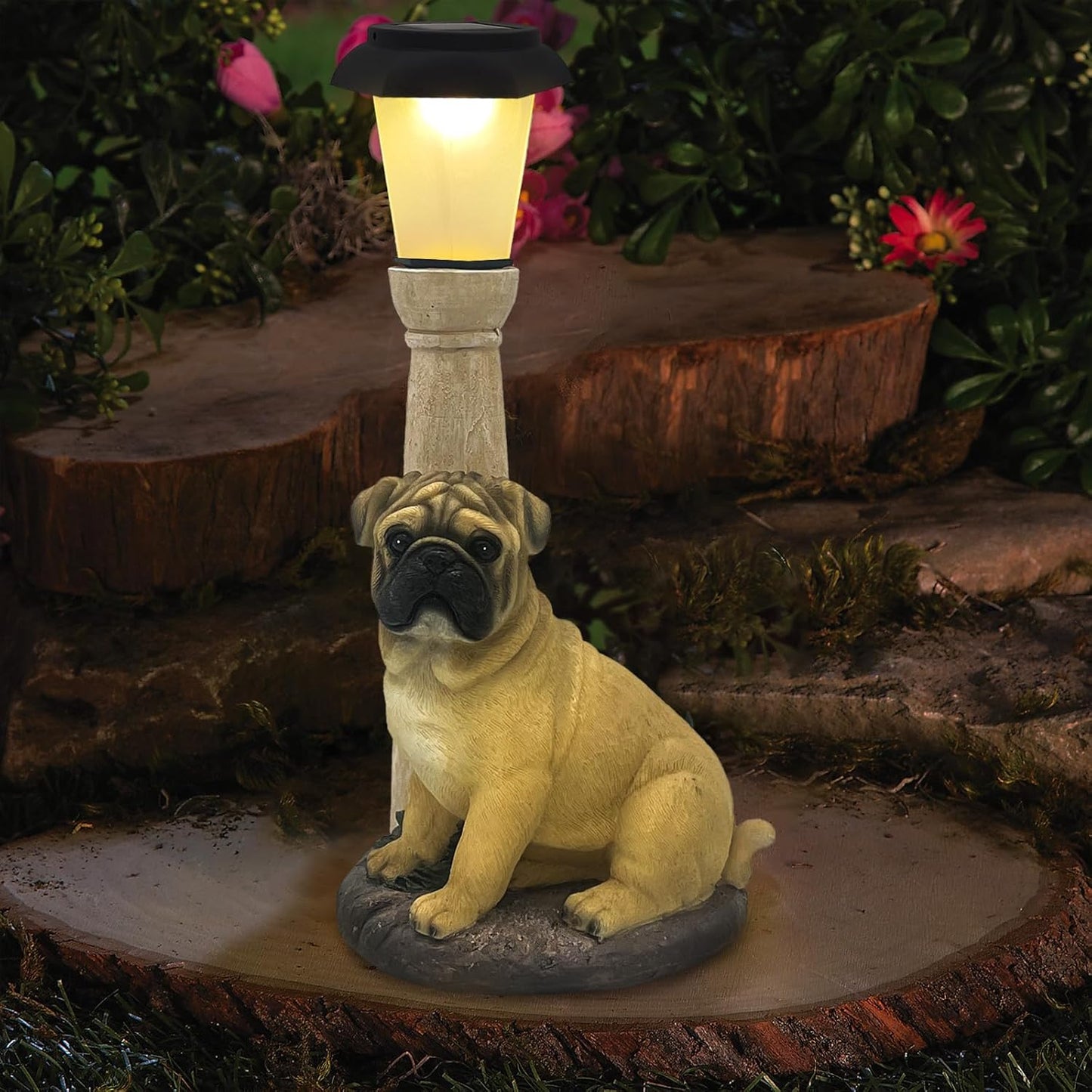 BAYN Solar Dog Garden Statues with Lantern, Resin Pug Dog Sculpture with Warm White Light for Outside Lawn Porch Patio