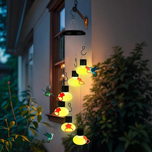 Charming Wind Chimes Hummingbird Feeders for Outdoors,Solar Hummingbird Feeder Glass Made,Never Leak,Gardening Gifts for Women,Men(Frosted Clear)