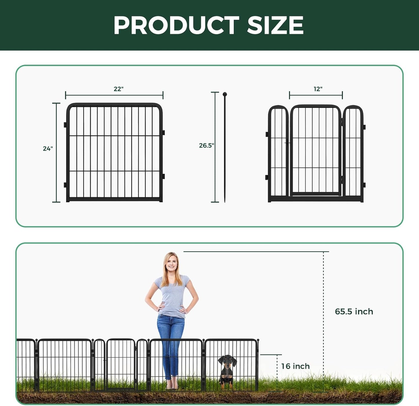FXW Garden Fence Outdoor for The Yard – 24in(H) x 45.6ft(L) Heavy Duty Metal Animal Barrier for Dog and Rabbit, Decorative Dog Fence, 24 Panels, Black