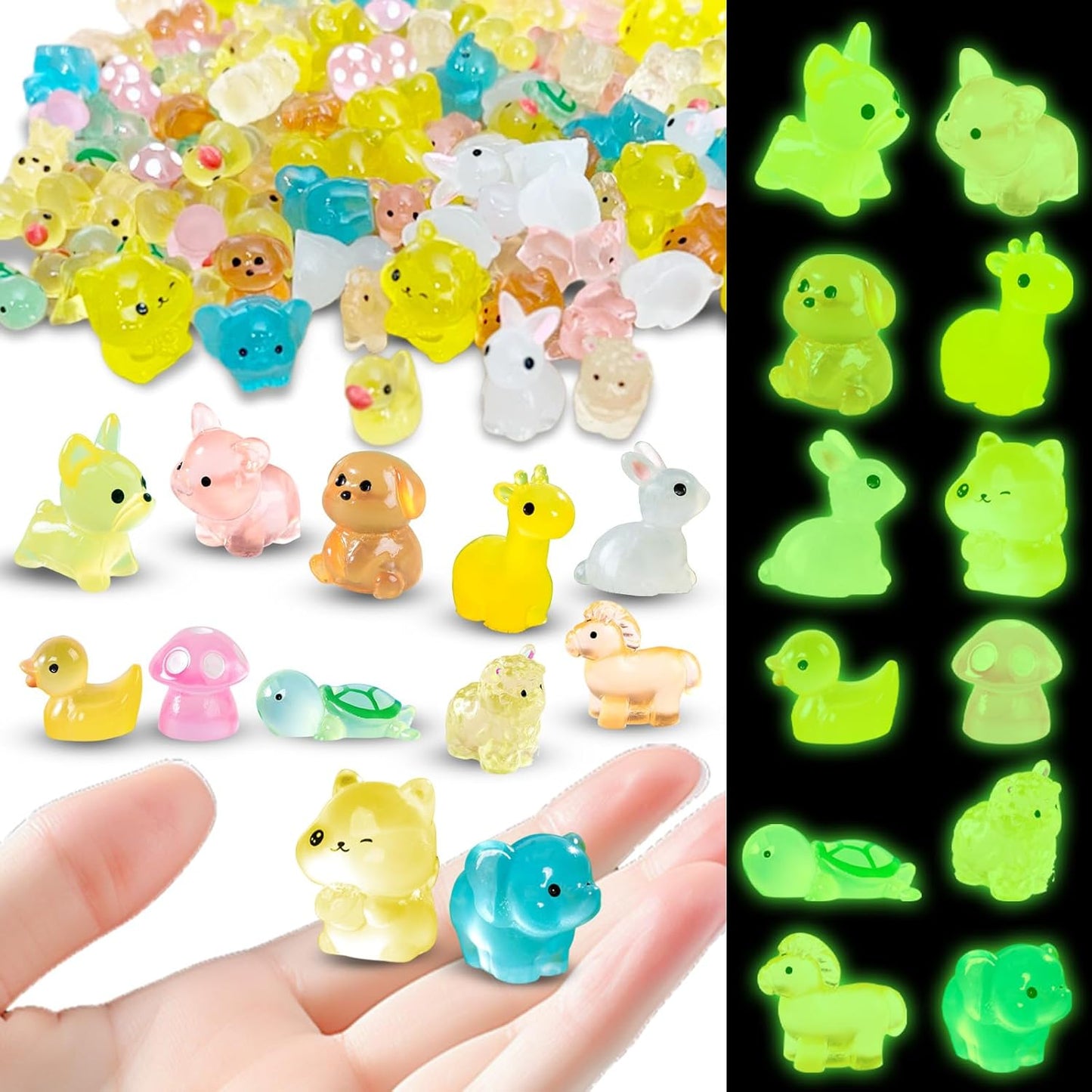 160pcs Luminous Mini Resin Animals Figurines Mini Ducks Dogs Squirrels Giraffes Rabbits Tiny Elephants Miniature Figurines Glow in The Dark Garden Miniatures Fairy Garden Accessories