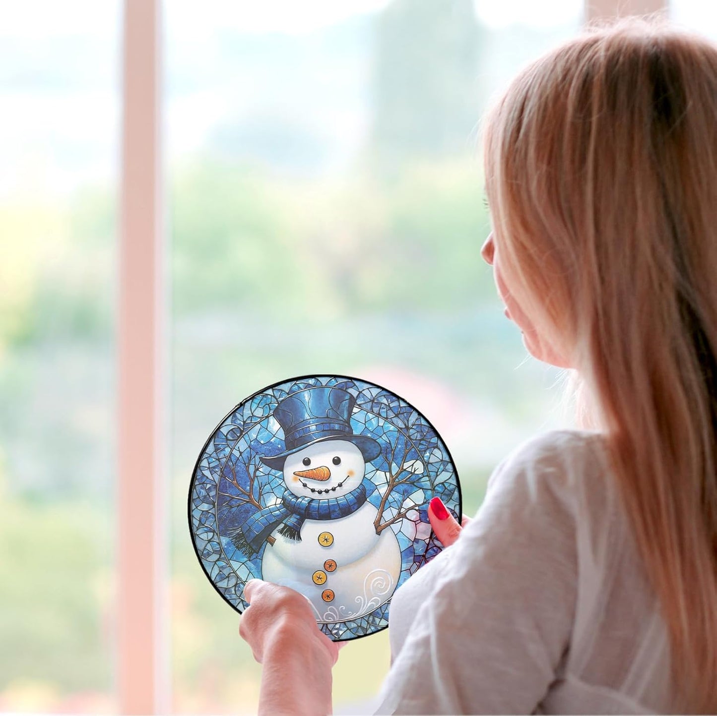 Stained Glass Window Hanging - Winter Snowman Suncatcher for Windows Hanging Whimsical Light Catcher Home Decor Terrace Garden Sun Catcher Gifts for Women Wife Mom Sister Nana 7.8 in