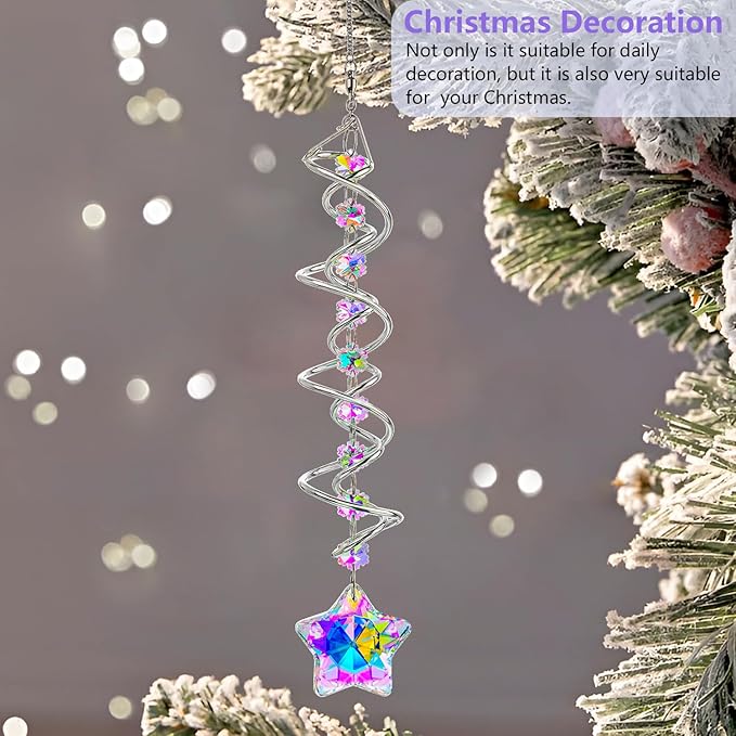 H&D HYALINE & DORA 21inch Crystal Suncatcher for Window Hanging Double-Spiral Design Gazing Ball Spiral Tail Wind Spinners Sun Catchers Rainbow Maker Indoor Outdoor Christmas Decoration