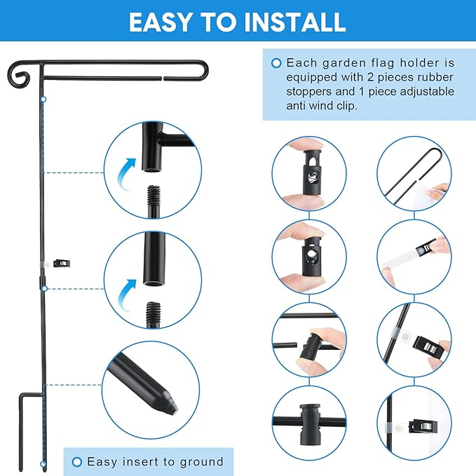 10 Pack Garden Flag Stand with Flag Stoppers and Clips, Black Powder Coated Weather Proof Garden Flag Pole Holder for Outdoor Garden Flag (Classic Style, 15.2 x 33.1 Inch)