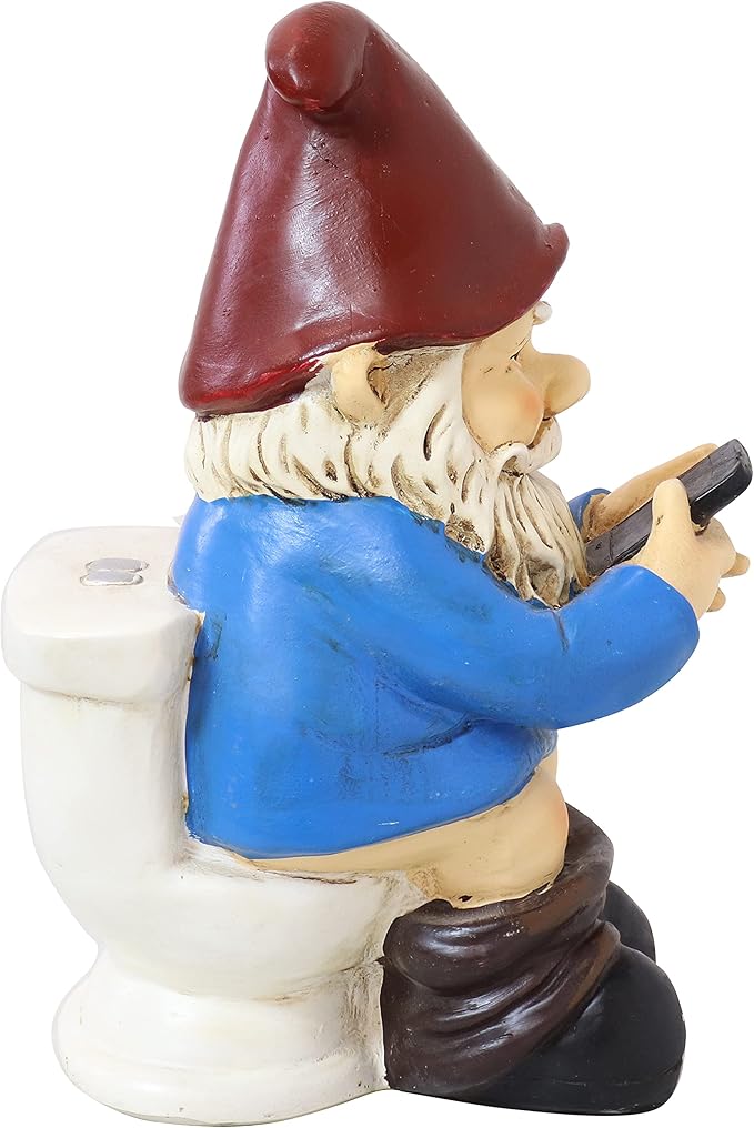 Sunnydaze 9.5-Inch Cody The Garden Gnome on The Throne Reading His Phone - Funny Lawn Decoration