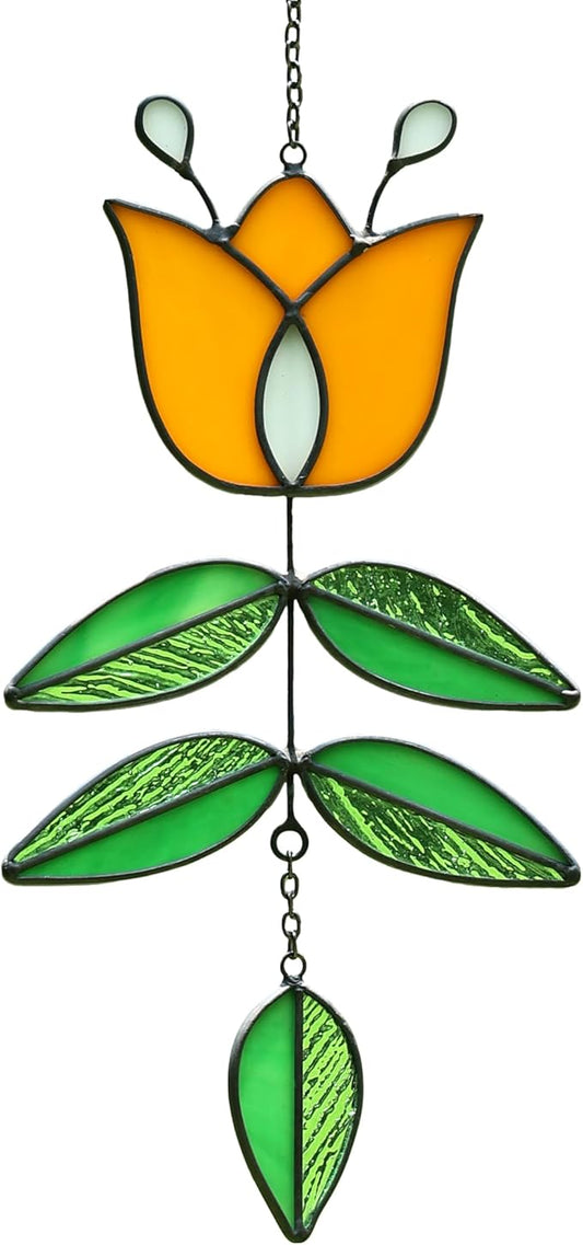 Tulip Stained Glass Suncatcher, Valentines Day Gifts, Folk Flower Stained Glass Window Hanging Sun Catcher, Retro Home Decor, Window Decorations for Plant Lovers, 9.4" x 4.7"