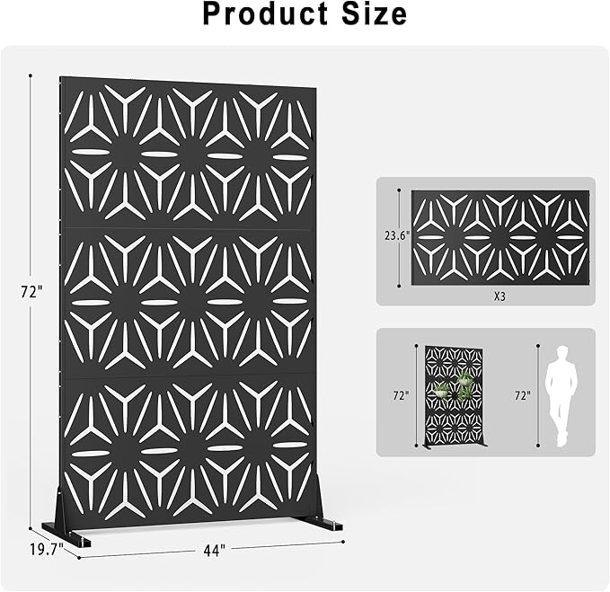Heavy-Duty Outdoor Privacy Screen for Patio, Balcony, Backyard - 72" H * 44" W Tall Metal Room Divider with Modern Geometric Pattern, Anti-Tipping Kit, Weather Resistant, Easy Assembly