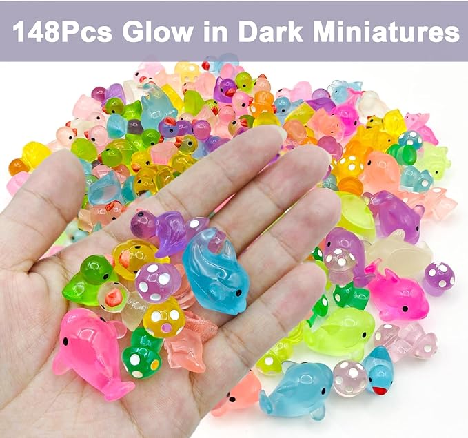 148Pcs Luminous Mini Resin Animals, Tiny Ducks Glow in The Dark Dolphins Dinosaurs Mushrooms 4 Combination Resin Set, Miniature Figures for Garden Decoration Aquarium Home Party Decor