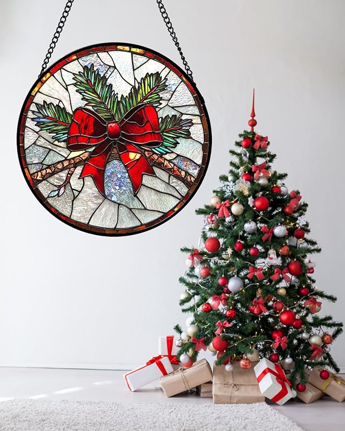 Stained Glass Window Hanging - Pine Branches Red Bow Suncatcher for Doors Home Christmas Decoration Silver Sun Catcher Thanksgiving New Year Birthday Gifts for Women Men Mom Nana 7.8 in