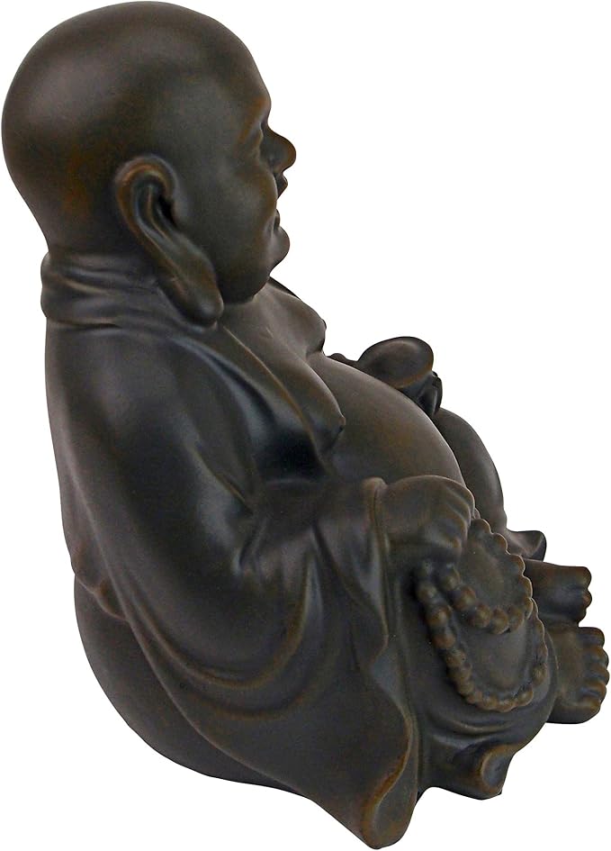 Design Toscano Laughing Asian Man Happy Hotei Garden Statue, Medium, 8 inches wide, 9 inches tall, Cast Stone Resin, Green Bronze Finish