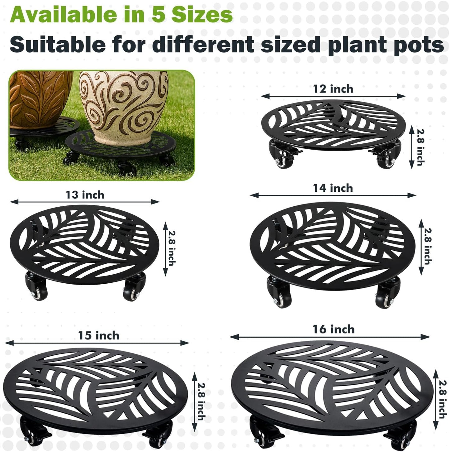 1 Pack 16 inches Extra-large Metal Plant Caddy with Wheels Heavy-duty Iron Rolling Plant Stand with Casters Indoor Outdoor Wheeled Plant Roller Base Pot Movers Plant Dolly Coaster Trolley Black