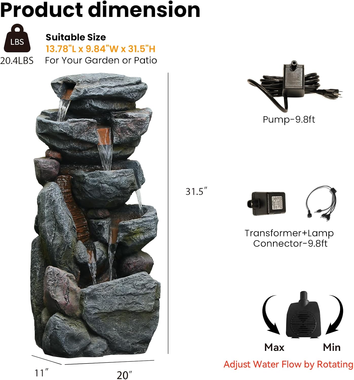 The 5-Tiered Rock Water Fountain Outdoor&Indoor, 31.5’’H Floor-Standing Garden Fountains, Stone Feature and Waterfall with Lights for Patio, Backyard, Deck, Porch, Home DéCor, Gray