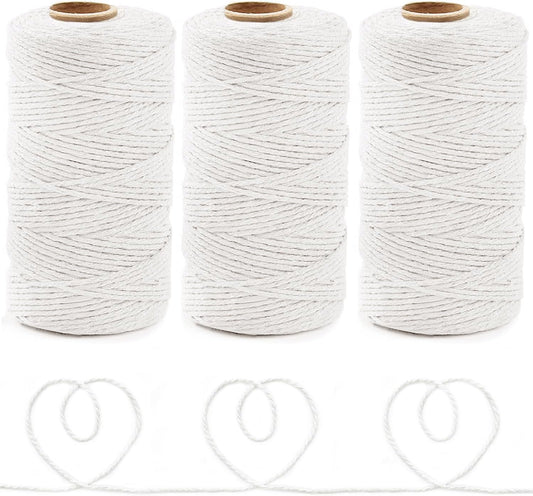 Anvin 984 Feet Cotton Twine Natural Jute Packing String - White for Bakers, Wrapping, Butchers, Baking, Arts and Crafts, Gardening (Pack of 3, 10 Ply 2mm Thick)