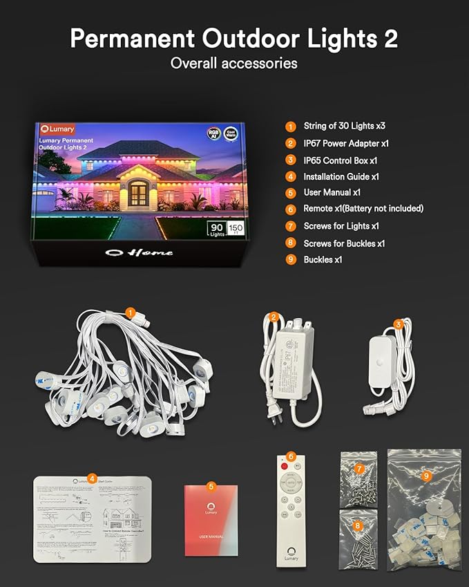 Lumary Permanent Outdoor Lights 2 with Remote, Slide-Base, 150ft with 90 RGBAICW LEDs 5400lm for House Daily & Accent Lighting, DIY 110+ Scene for Christmas Decor, Work with Alexa Google, White