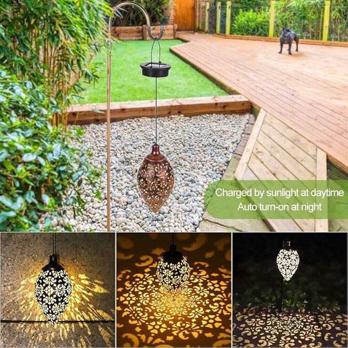 Hanging Solar Lights Solar Lantern LED Garden Lights Metal Lamp Waterproof for Outdoor Hanging Decor (2 Pack)