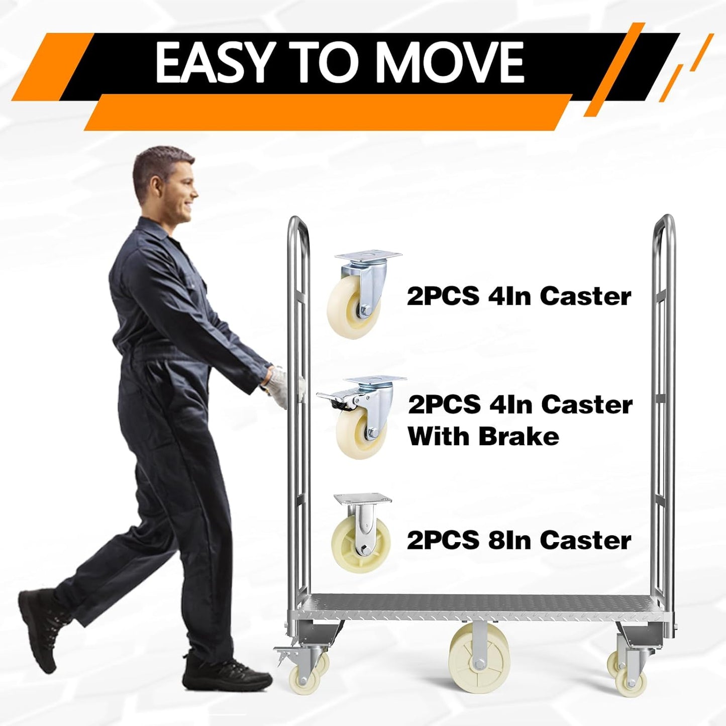 Two Tier U-Boat Platform Truck Cart, 16 x 48Inch Narrow Aisle Flatbed Truck w/6PCS Wheel Caster 2500LBS Weight Capacity Heavy Duty Platform Dolly with Removable Handles for Warehouse, Storage Room