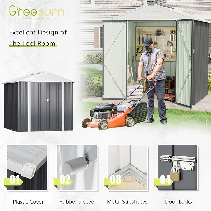 Greesum 6x4FT Outdoor Storage Shed, Utility Tool Shed Metal Storage Garden Shed with Door & Lock for Patio Storage, Gray