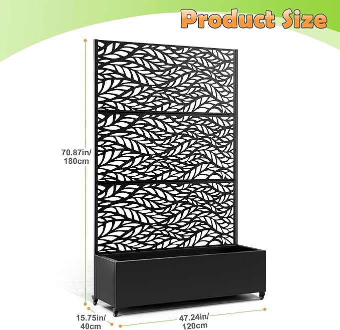 Metal Raised Garden Bed with Trellis, 2-in-1 Planter Box & Privacy Screen for Climbing Plants, Outdoor Standing Flower Bed with Drainage Holes, 47.2" L x 16.7" W x 70.8" H, Black-Spring