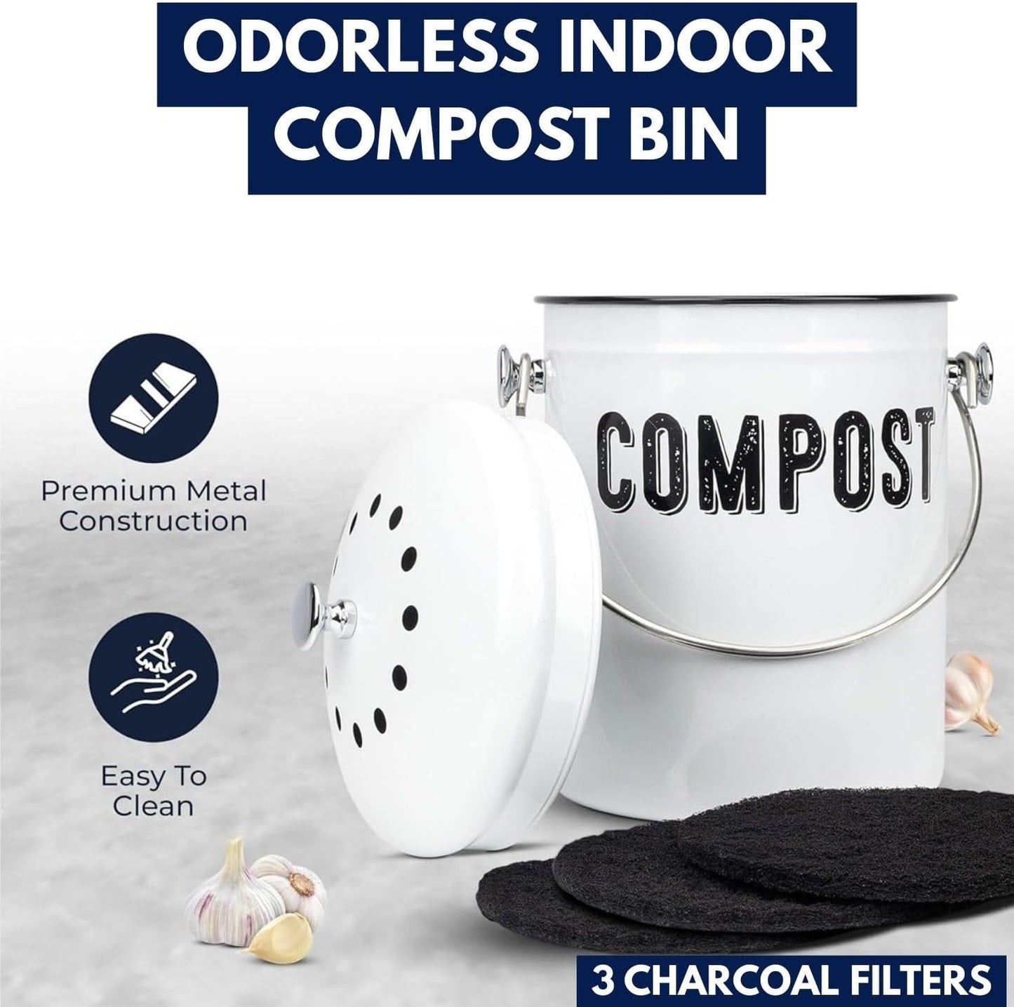 Granrosi Countertop Compost Bin Kitchen - 1.3 Gal Indoor Compost Bucket with Lid for Kitchen; Farmhouse Rust Proof & Odorless Composter Bin for Countertop; 3 Charcoal Filters