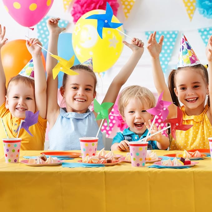 KIMOBER 100PCS Colourful Pinwheels,Mixed Colors Plastic Wind Spinners Toy for Kids,4 Vane Windmill for Home Garden Lawn Indoor Outside Decoration