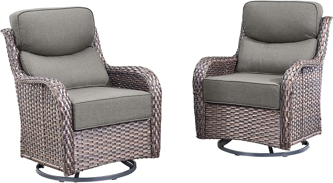 Rilyson Outdoor Patio Swivel Rocker Chairs Set of 2, Waterproof Wicker, High Back, Deep Seating, Wide Armrest, Upgraded 6 inch Thick Cushions, Ideal for Deck Porch Backyard, Brown/Grey