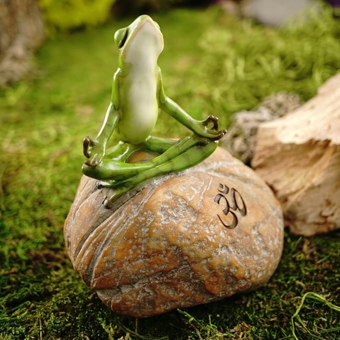 Top Collection Miniature Fairy Garden and Terrarium Statue, Meditating Frog on Rock with Om Symbol