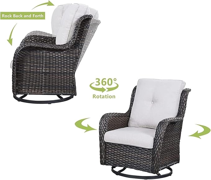 HUMMUH 3-Piece Swivel Rocking Rattan Chair Outdoor, Patio Bistro Furniture Conversation Set, Cushioned Wicker Chair with Glass Coffee Table (Brown, Beige)