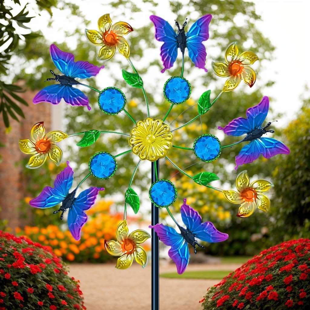 44" Butterfly Garden Wind Spinners - Metal Outdoor Stake Spinner Windmills, Wind Sculpture Yard Art Decorations for Patio & Lawn