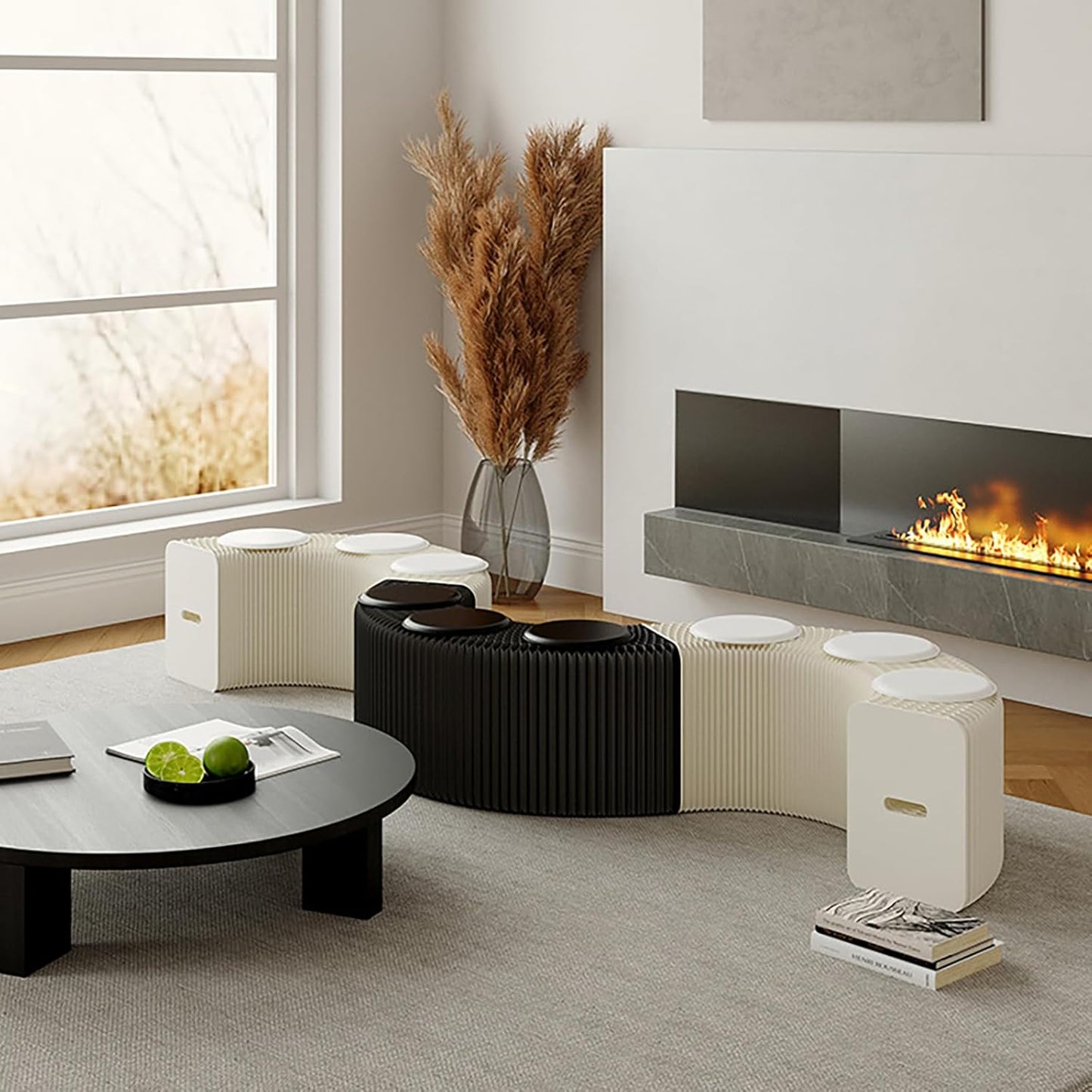 Foldable Kraft Paper Stool, Honeycomb Accordion Folding Bench, Collapsible Paper Stool for Small Spaces, Portable Footrest and Side Table for Living Room and Office,Black-30×30×300cm