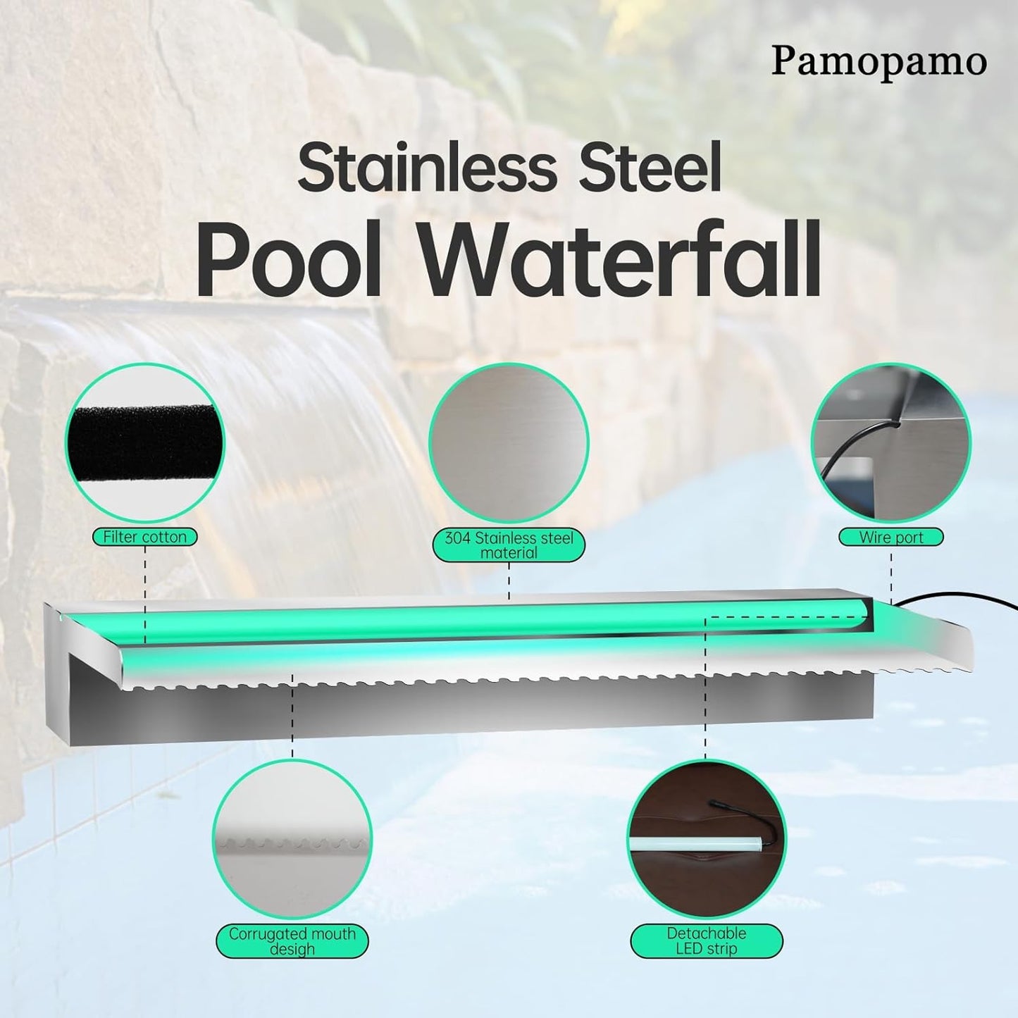 Pond Waterfall Spillway Stainless Steel Pool Fountain, APP Control LED Lighted Waterfalls Kit, Outdoor Water Flow Waterfalls Kit for Garden Patio Koi Pond Decoration-23.6"x7.8"x3.9"