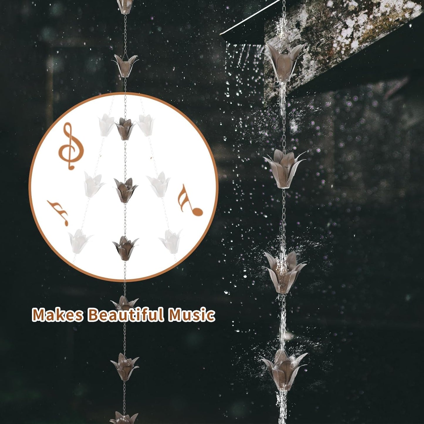 DUSVALLY Rain Chain, 7.88 FT Metal Flower Rain Chain, Functional and Decorative Replacement for Gutter Downspouts, Adjustable, Antique Silver