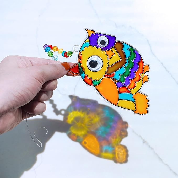 Winlyn 24 Sets Owl Suncatchers Ornaments Decorations DIY Window Paint Art Suncatchers Owl Craft Kits Sun Catchers for Kids Home Classroom Winter Holiday Season Fall Christmas Activities Party Favors