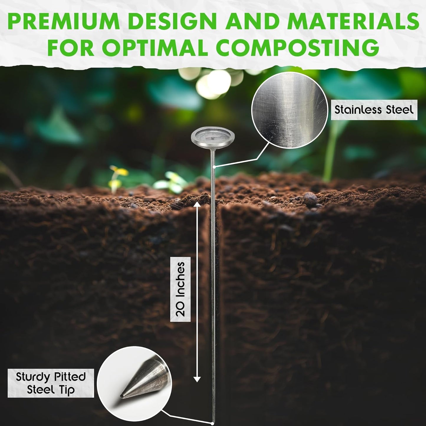 Fishnure - 20” Compost Thermometer, Indoor & Outdoor Thermometer Probe for Composting Bin Heaps, with 1.8” Diameter Celsius Dial & Temperature Gauge, Complements The Compost Starter