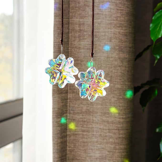 HDCRYSTALGIFTS 2PCS Crystal Prisms Suncatchers for Windows Christmas Ornaments,Lucky Four Leaf Clover Rainbow Maker Hanging Prism Sun Catchers for Home Garden Decoration,45mm