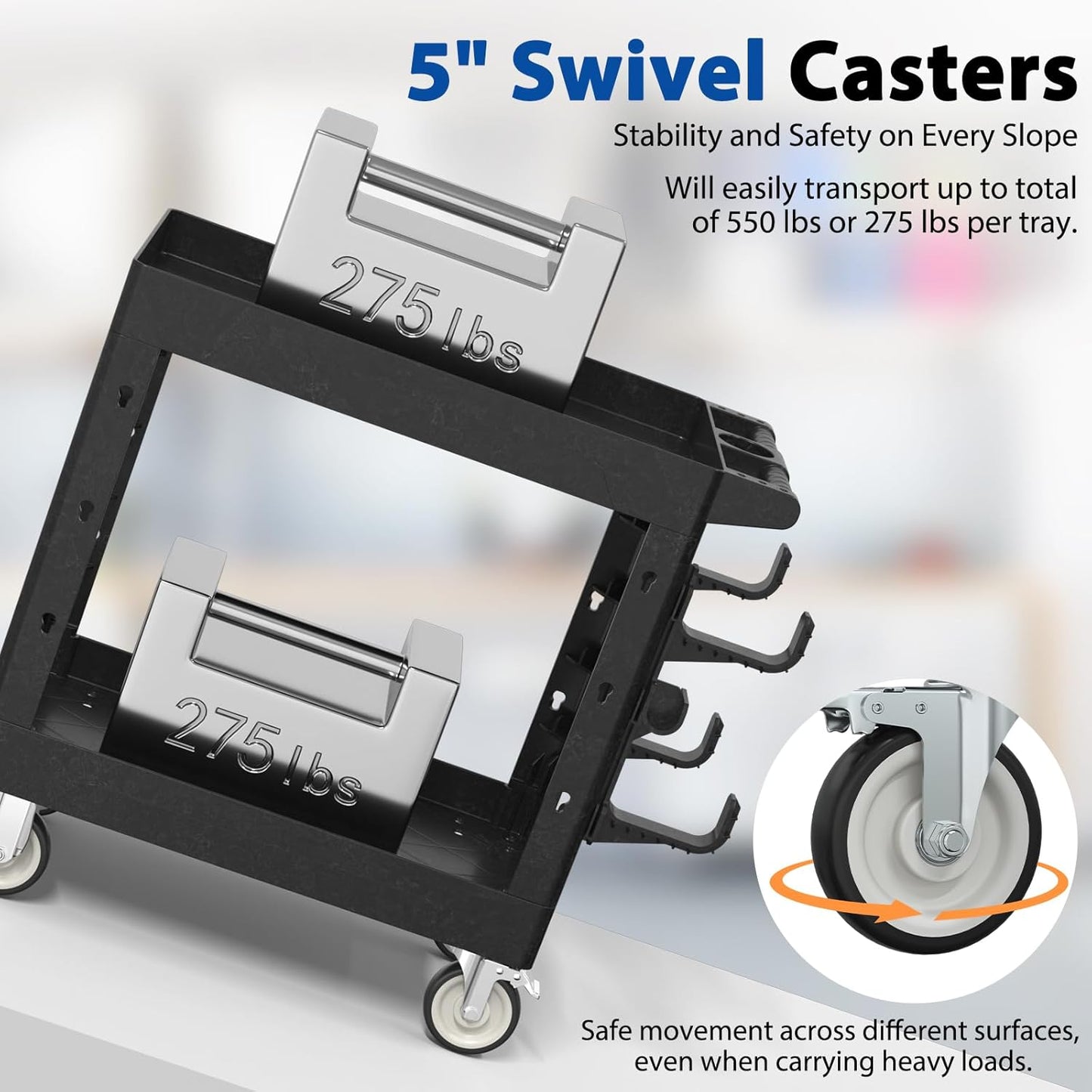 Heavy Duty Rolling Utility Cart with Wheels 2-Tier Utility Plastic Service Work Cart for Shop, Garage, Warehouse, Maintenance 550 lbs