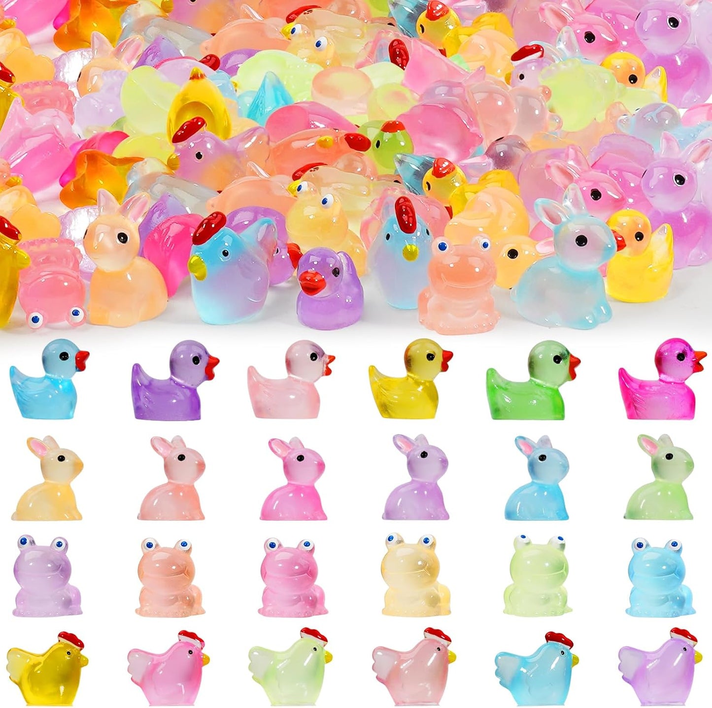 Mini Resin Animals Figures to Hide 72 PCS Luminous Tiny Miniature Figurines Bulk Glow in The Dark Include Baby Ducks Small Chicken Rabbits Frogs for Garden Micro Landscape Aquarium Potted Dollhouse