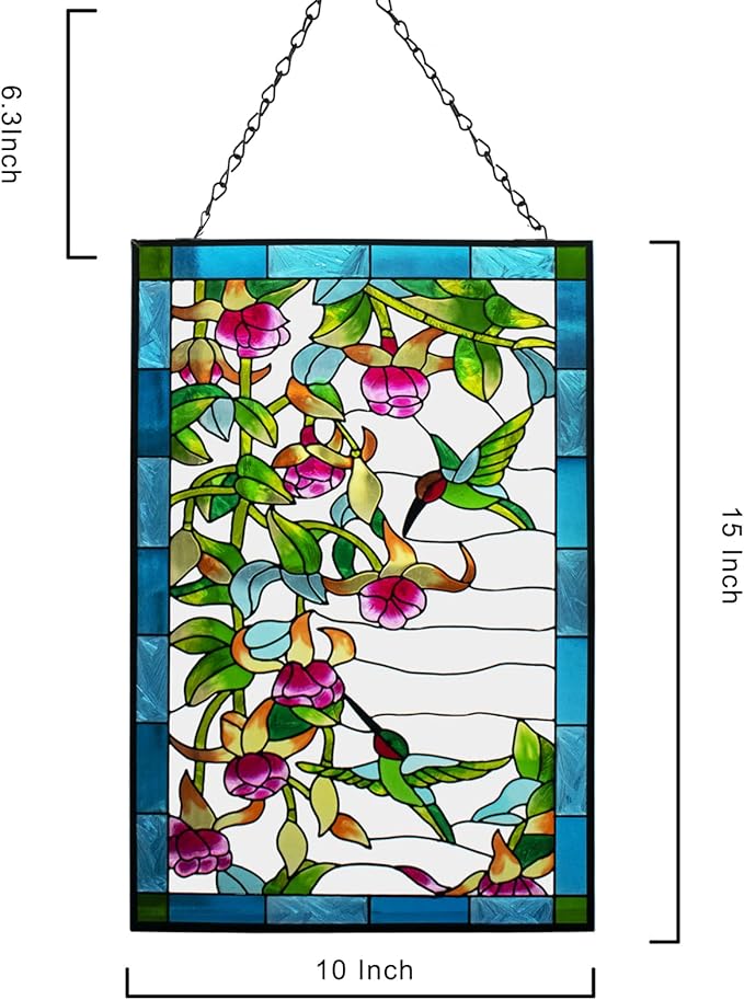 VEWOGARDEN W10xH15 inch Hummingbird Stained Glass Window Hangings, Suncatcher Panel with Chain for Wall or Windows