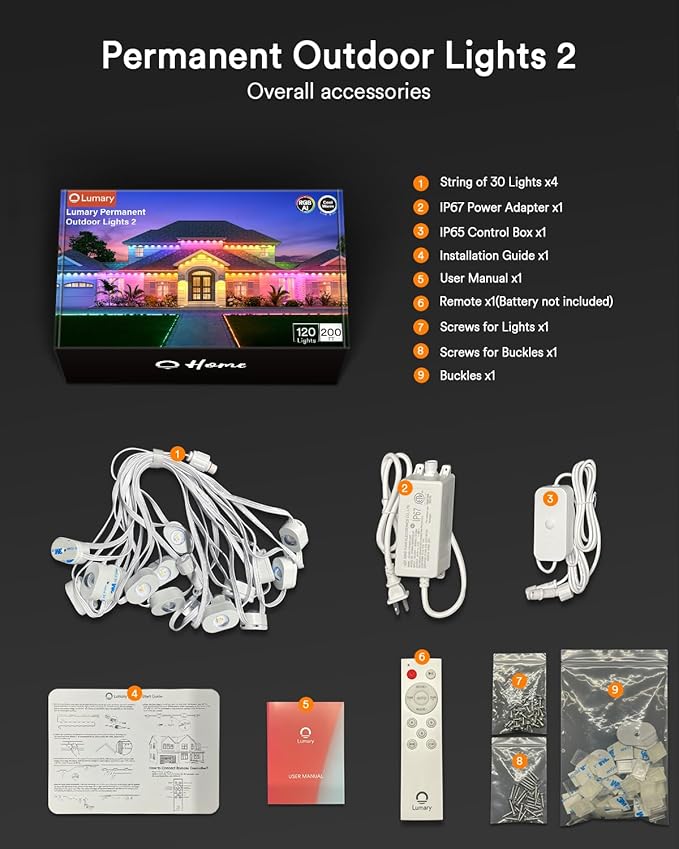 Lumary Permanent Outdoor Lights 2 with Remote for House, 200ft with 120 RGBAICW LEDs 7200lm for Home Daily & Accent Lighting, 110+ Scenes for Christmas Decor, IP67 Waterproof, Work with Alexa Google
